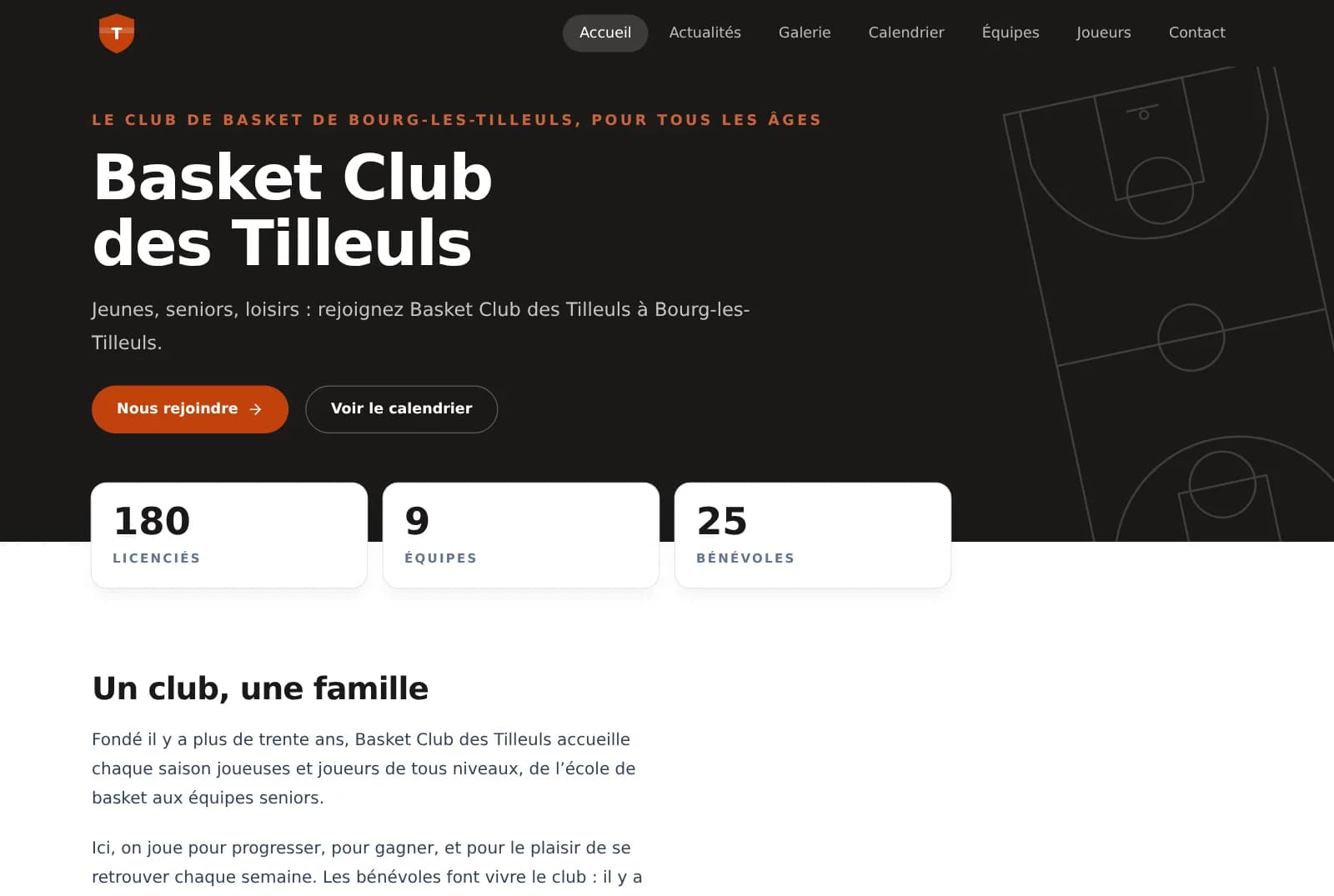 Page d’accueil du Basket Club des Tilleuls, club de démonstration