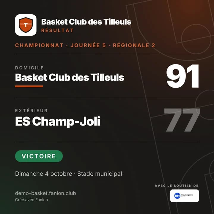 Visuel du résultat d’un match de basket