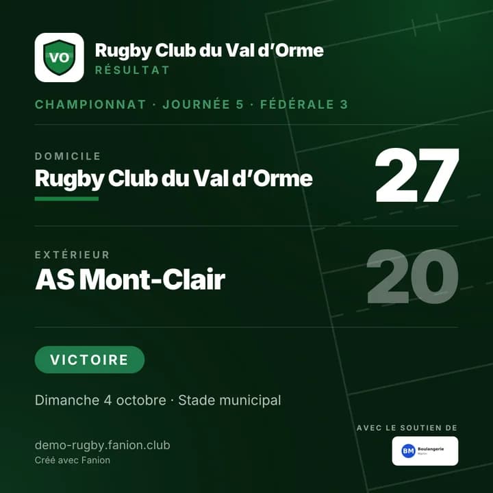 Visuel du résultat d’un match de rugby
