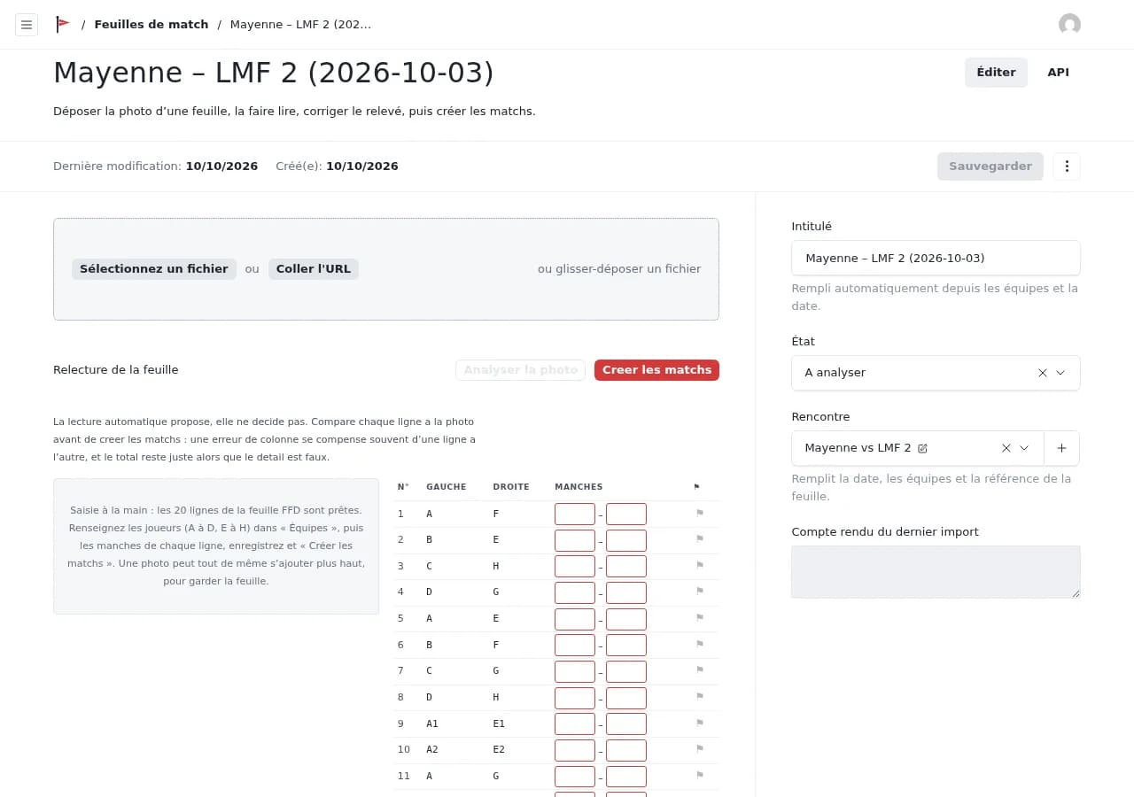 Une feuille de match FFD en saisie : les vingt lignes, simples et doubles